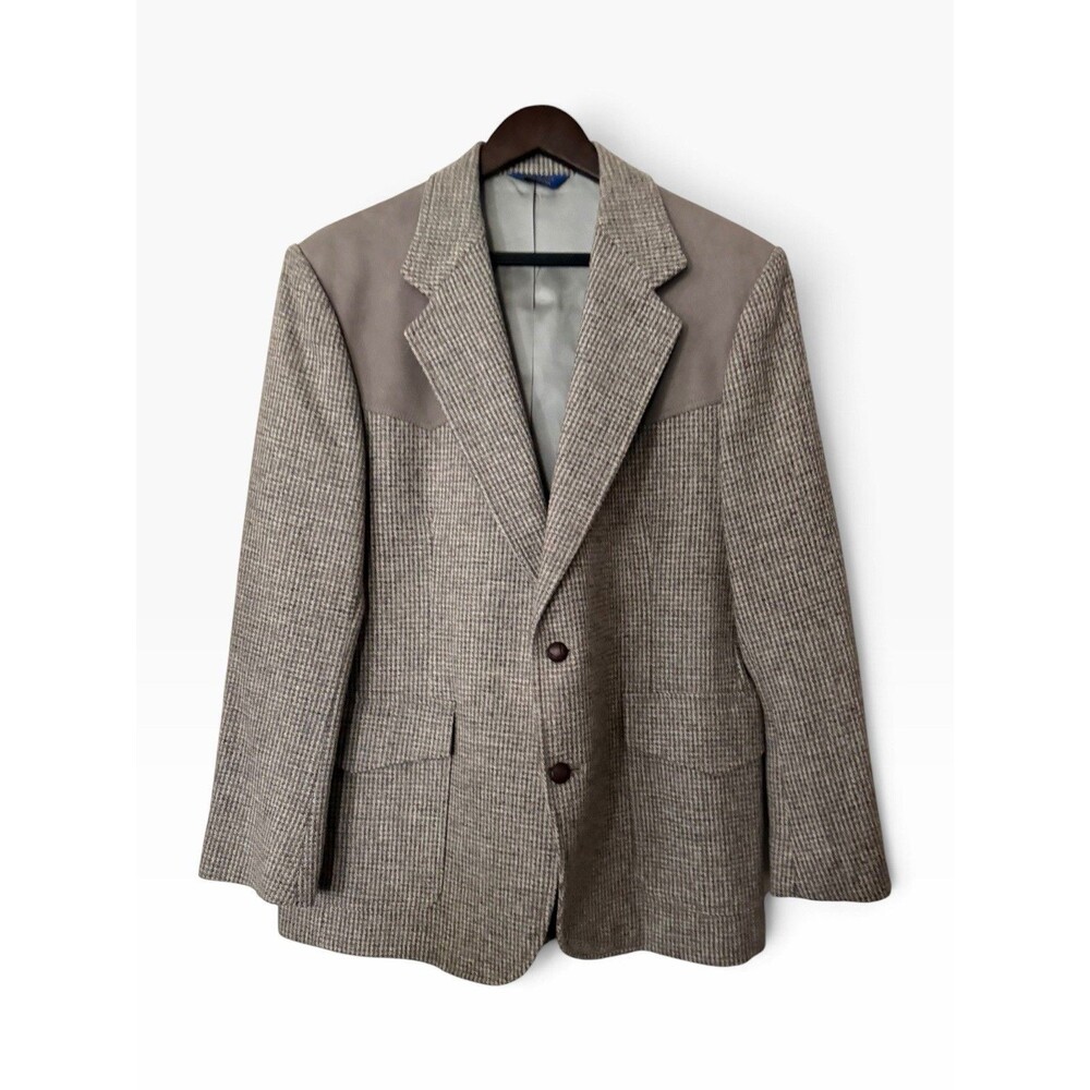 Pendleton Mens 42 Western Wool Leather Houndstooth Tweed Blazer Sport Coat Yoke